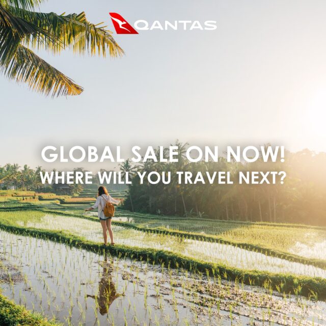 Qantas Global Sale

 	The Qantas Global Sale is here. Where will you travel next?🌏 

✈️ Melbourne from $529pp*
🗺️ Sydney from $599pp*
🌴 Bali from $1069pp*
🎌 Tokyo from $1,169pp*
🌆 Los Angeles or San Francisco from $1,269pp*

Hurry, sale ends 25 August 2025. Lock in your next adventure today!

*T&Cs apply. Offer ends 25 August 2025. Booking/ service fees may apply. Selected travel dates apply. Subject to availability & change.