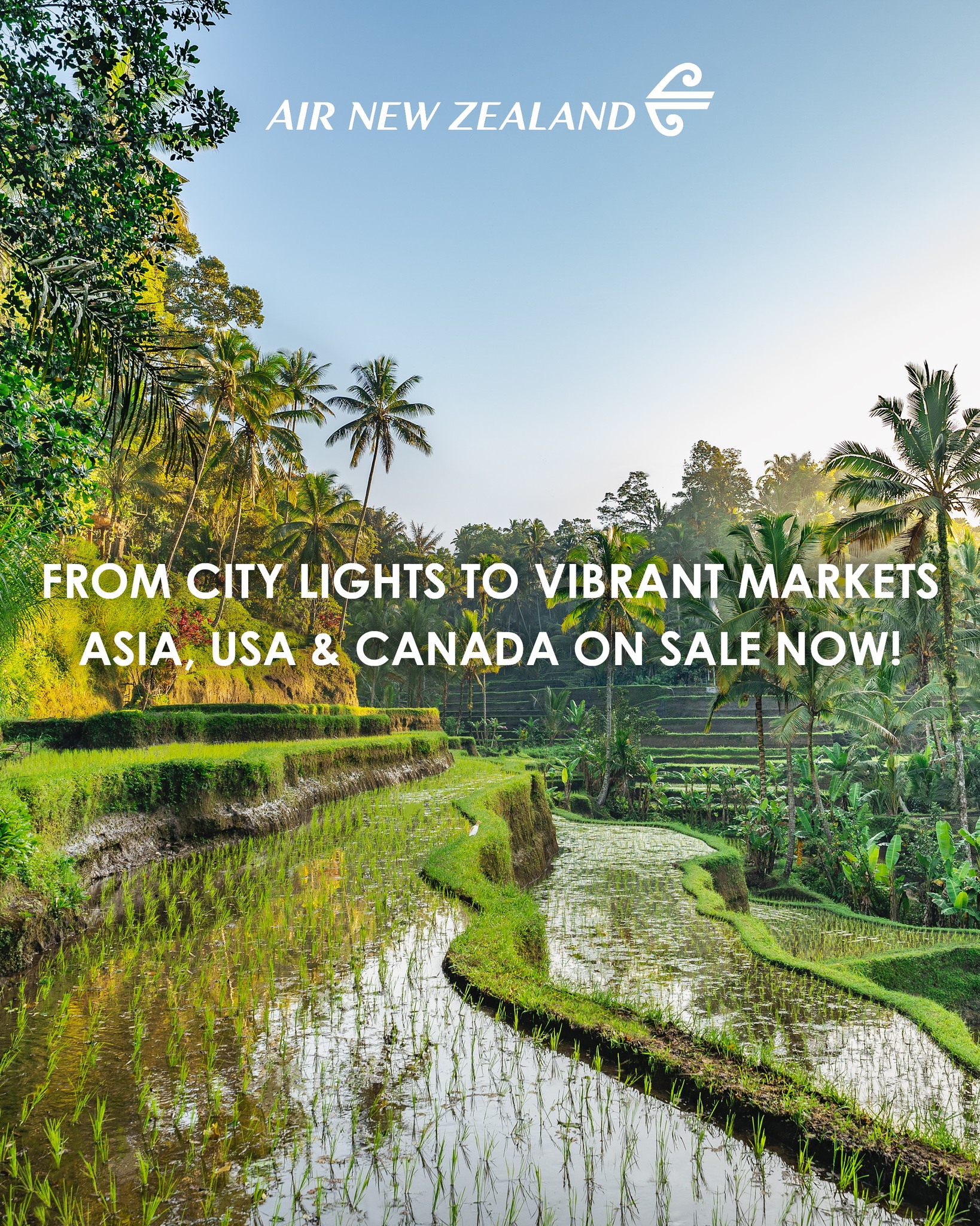 Dreaming of your next escape? Asia, USA & Canada is on Sale now with Air New Zealand. Slow down, unwind, and soak up the beauty of Bali from $1,979*pp. With return non-stop economy airfares flying Air New Zealand, 7 nights at FuramaXclusive Resort & Villas Ubud (4-star) in a Premier Room, breakfast daily, and return private airport transfers included. As a bonus you get two complimentary nights, stay for 7, and only pay for 5, a 1-hour village trek, 30-minute foot massage & a mocktail per person*!✈️

 Adventure awaits, get in touch to book your Asia, USA & Canada escapes!

*T&Cs apply. Offer ends 16 November 2025. Booking/ service fees may apply. Selected travel dates apply. Subject to availability & change.