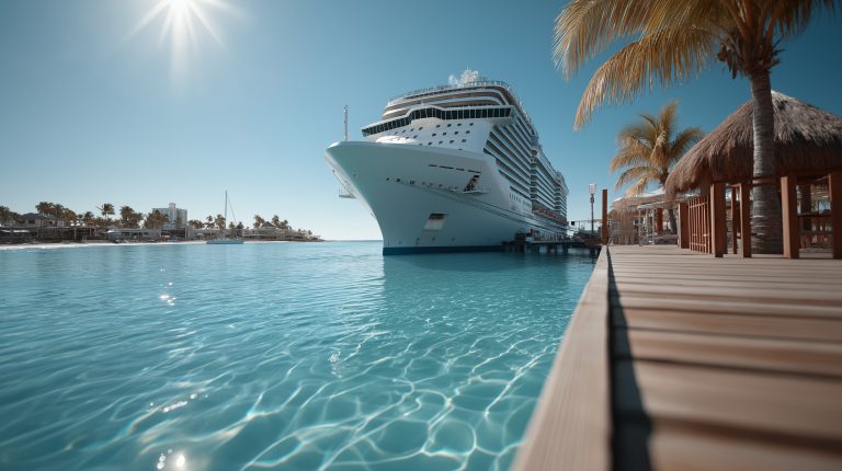 Cruise ship docked at tropical island on sunny day